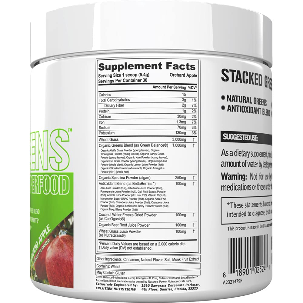 Evlution Nutrition green superfood powder supplement for immunity and hydration.