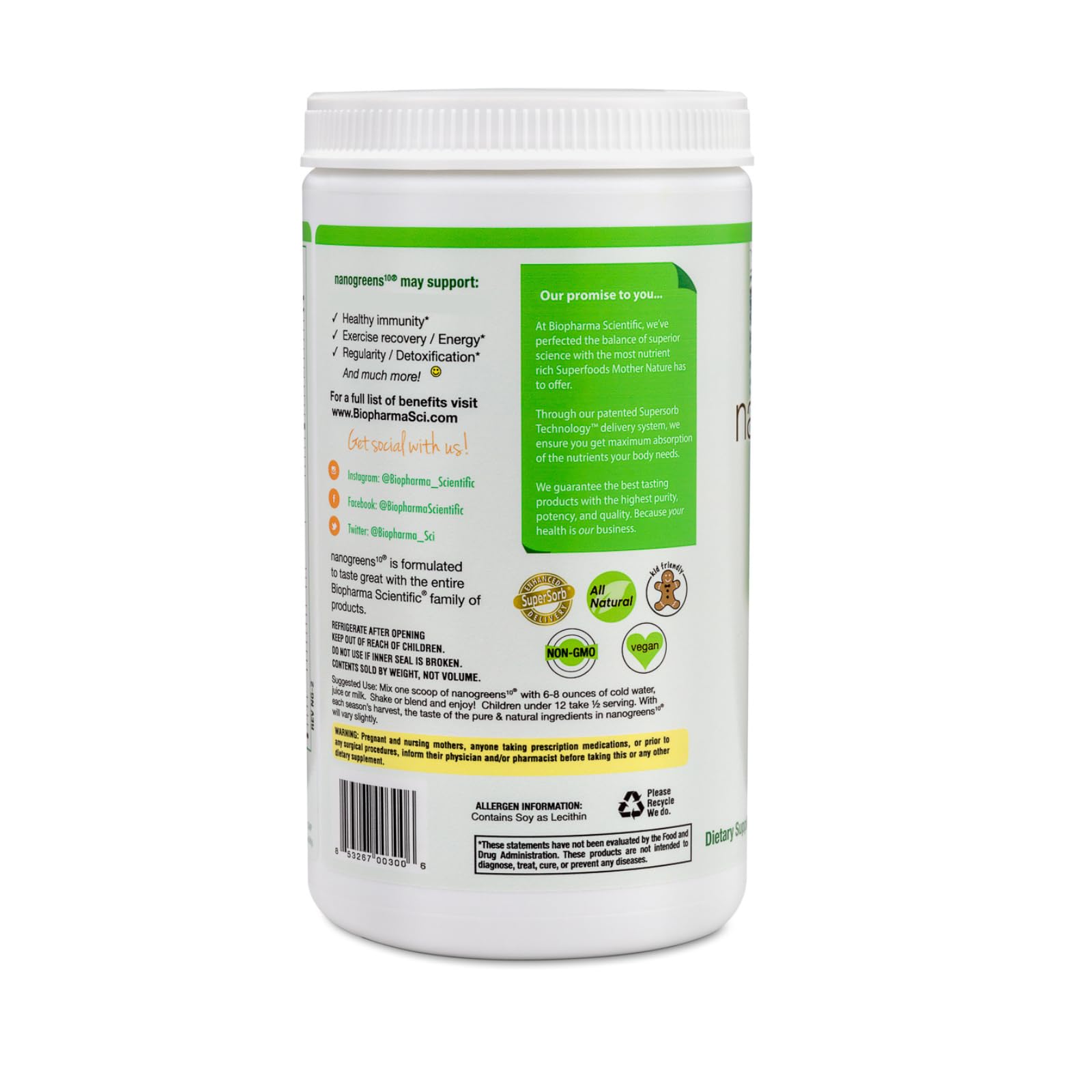 BioPharma Scientific NanoGreens nutritional supplement tub highlighting ten servings of fruits and vegetables