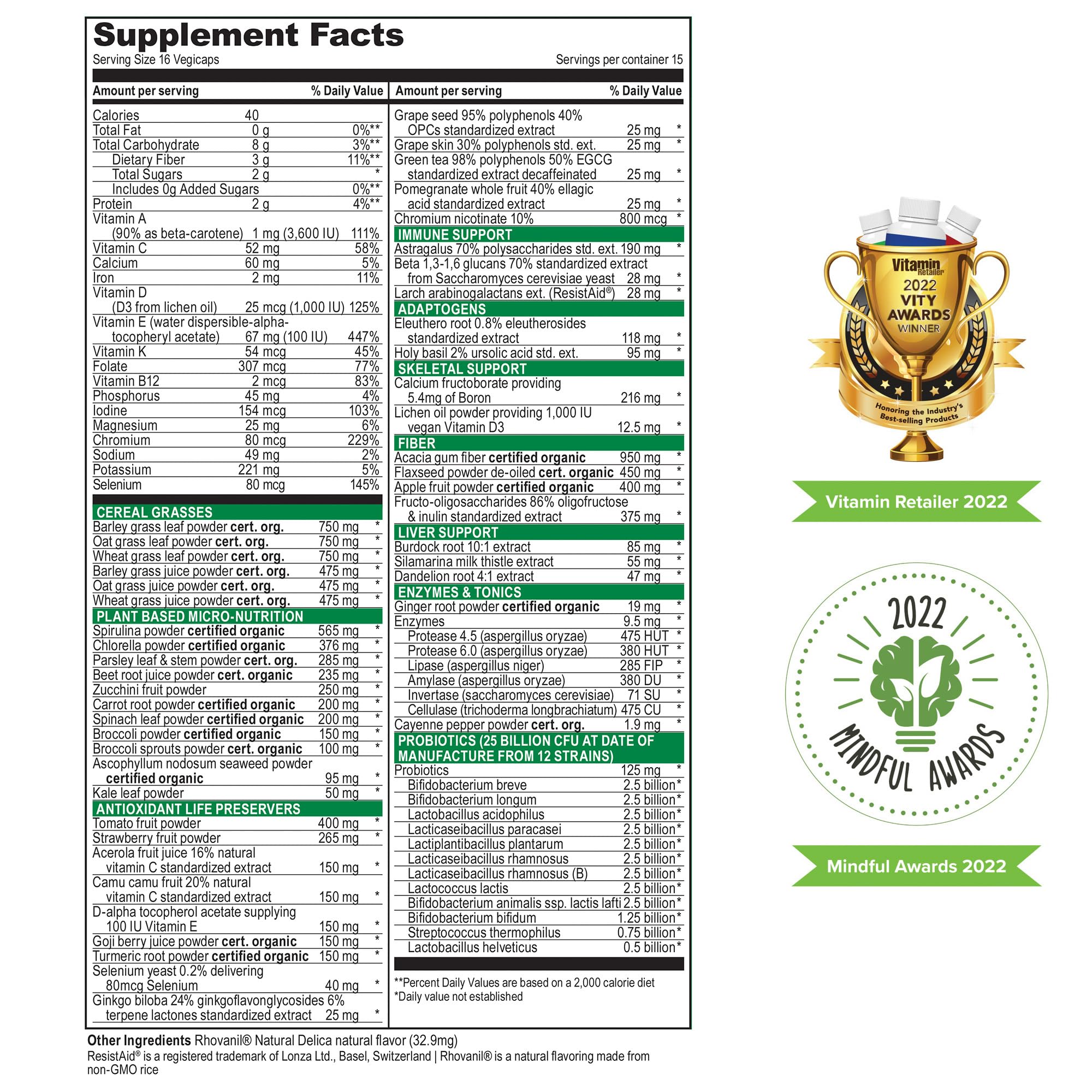 Vibrant Health Green Vibrance daily superfood dietary supplement capsules bottle side view listing ingredients.