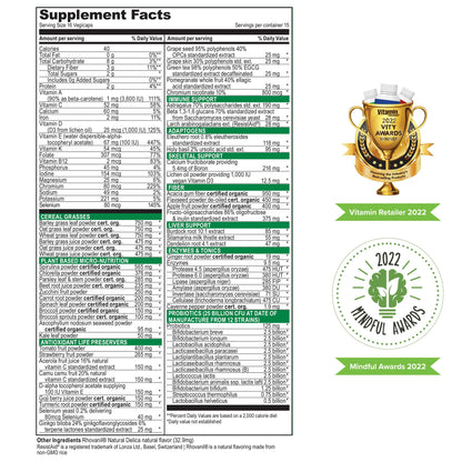 Vibrant Health Green Vibrance daily superfood dietary supplement capsules bottle side view listing ingredients.