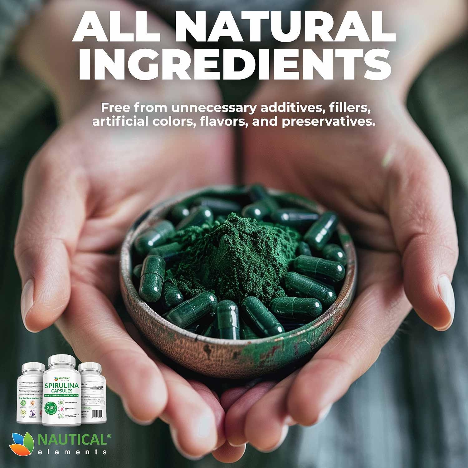 Nautical Elements Spirulina supplement bottle highlighting the 40 servings and 240 organic capsules label details