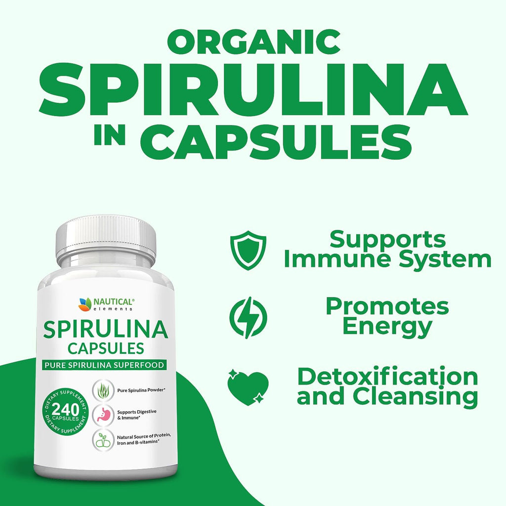Authentic USA imported Nautical Elements green spirulina dietary capsules poured on a clean surface