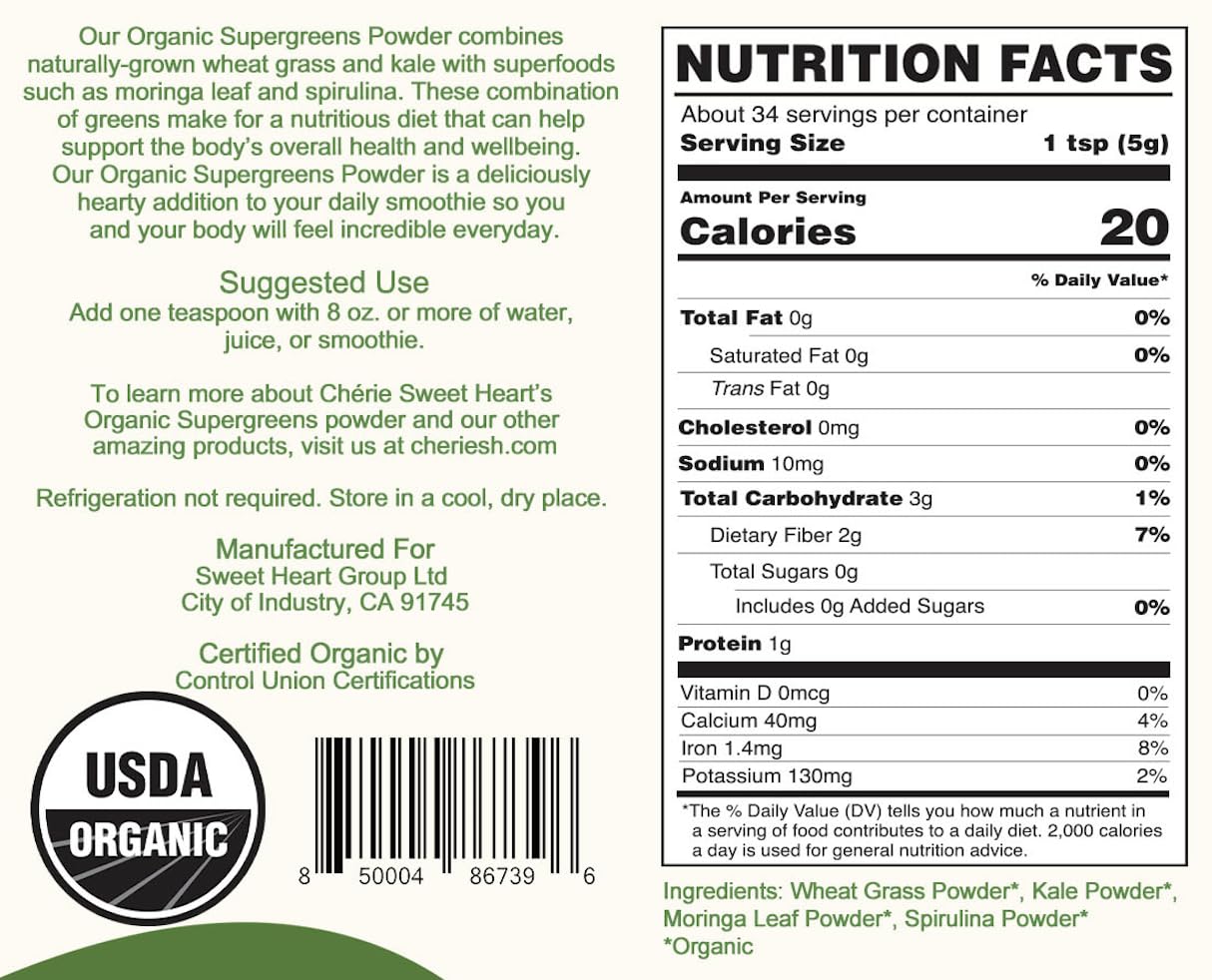 ChÃ©rie Sweet Heart organic green superfood powder packaging showing ingredients list