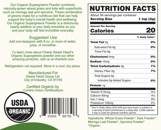 ChÃ©rie Sweet Heart organic green superfood powder packaging showing ingredients list