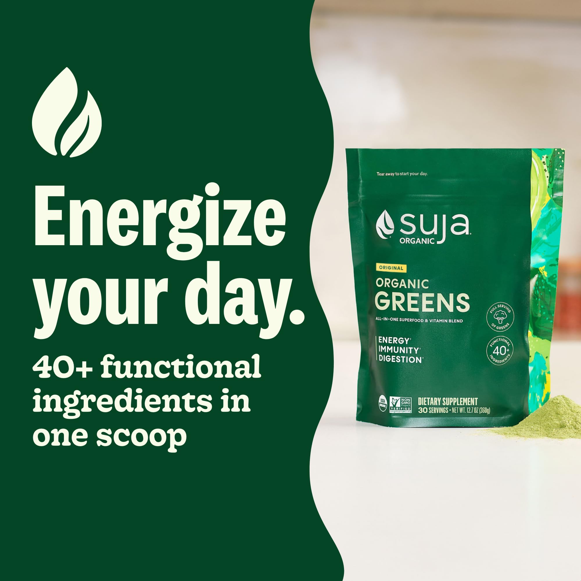 Suja organic green superfood supplement bag displaying immune support and energy benefits.
