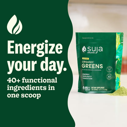 Suja organic green superfood supplement bag displaying immune support and energy benefits.