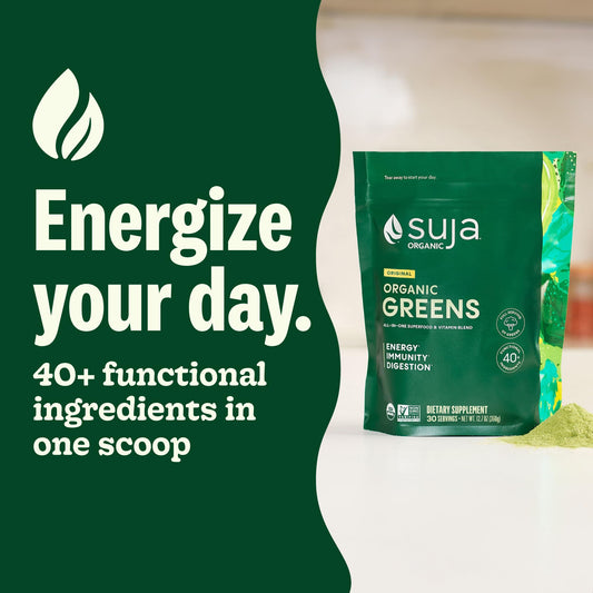 Suja organic green superfood supplement bag displaying immune support and energy benefits.
