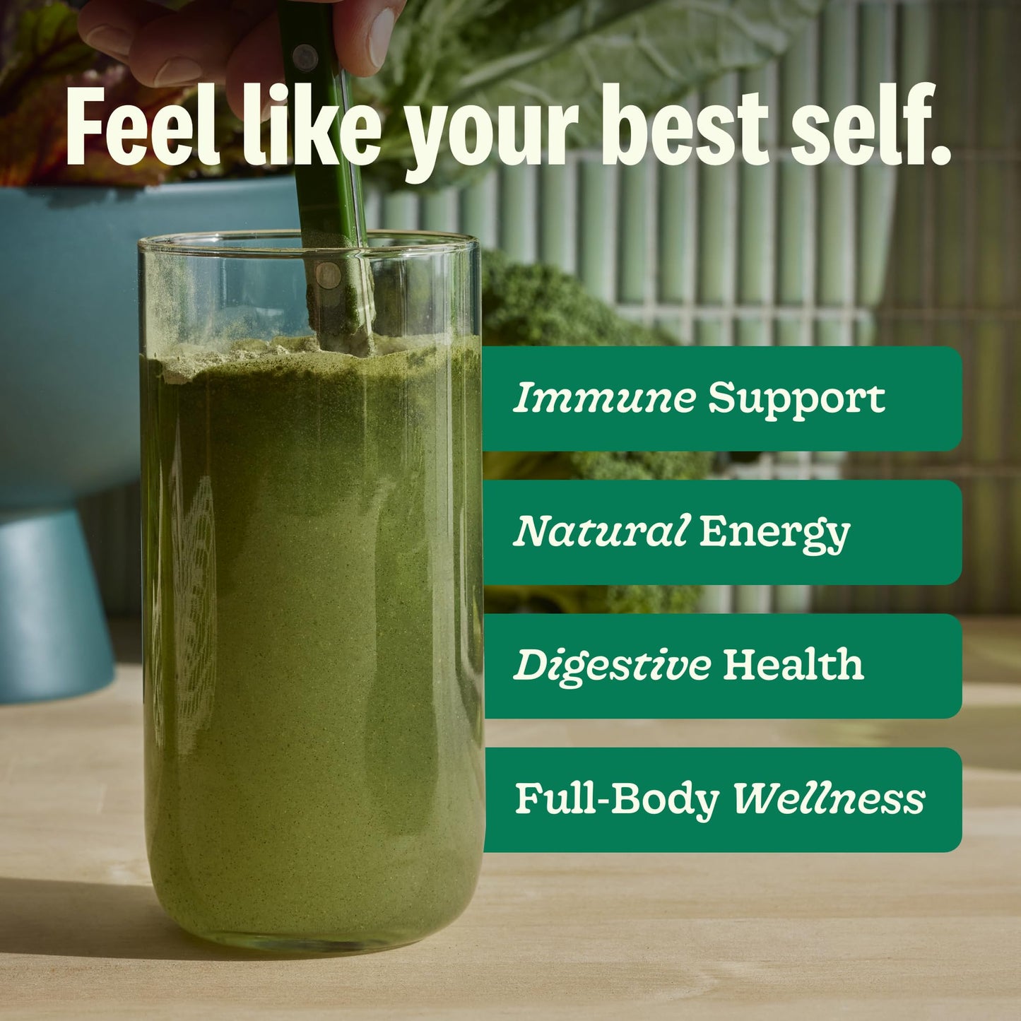 Nutritional facts and organic ingredients label on the back of Suja greens powder pouch.