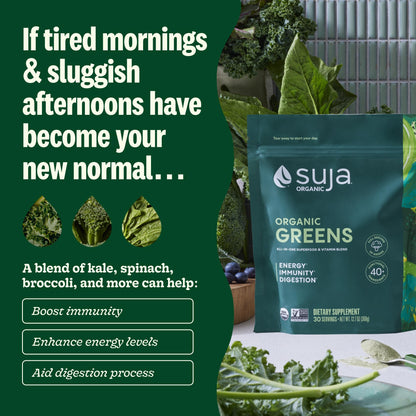 Suja organic vegan and gluten free greens powder for daily gut health digestion.