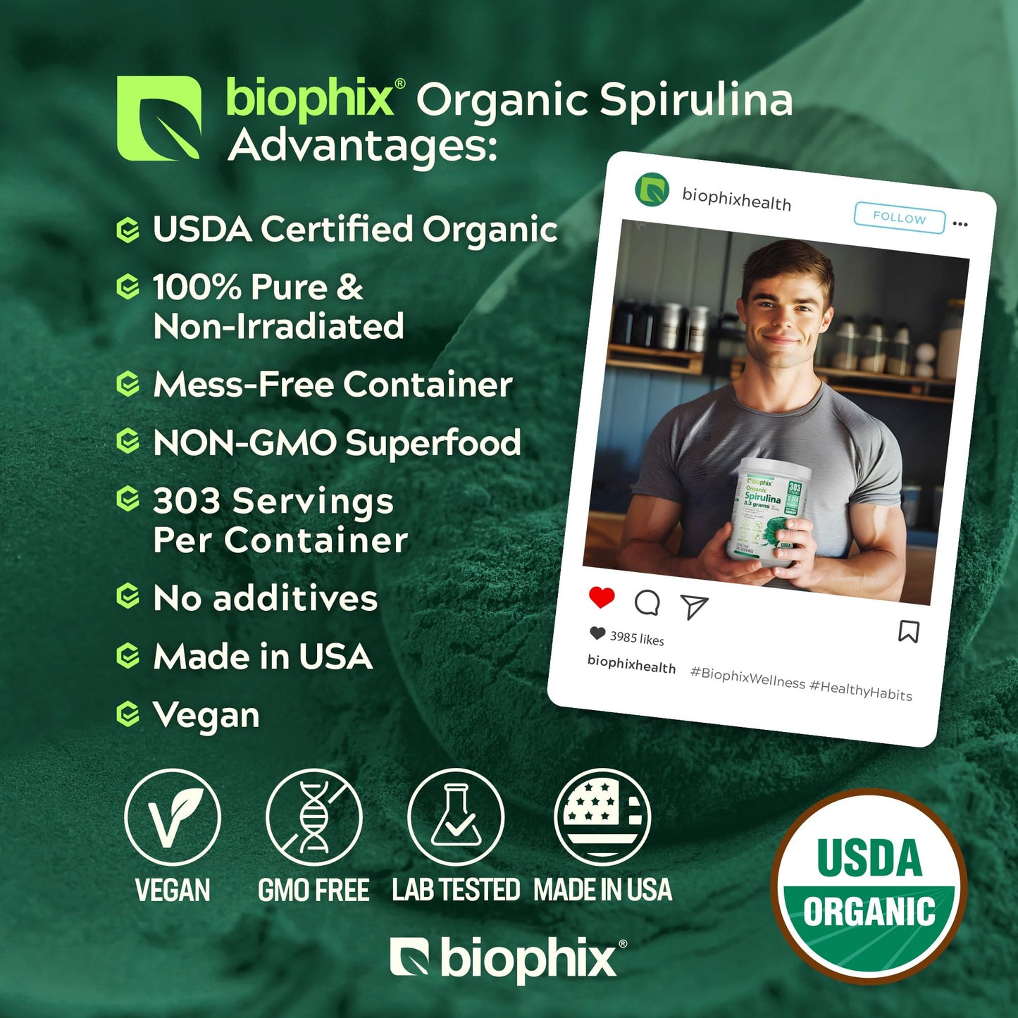 Biophix USDA certified organic vegan non GMO spirulina supplement packaging side view