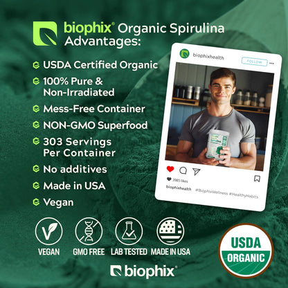 Biophix USDA certified organic vegan non GMO spirulina supplement packaging side view