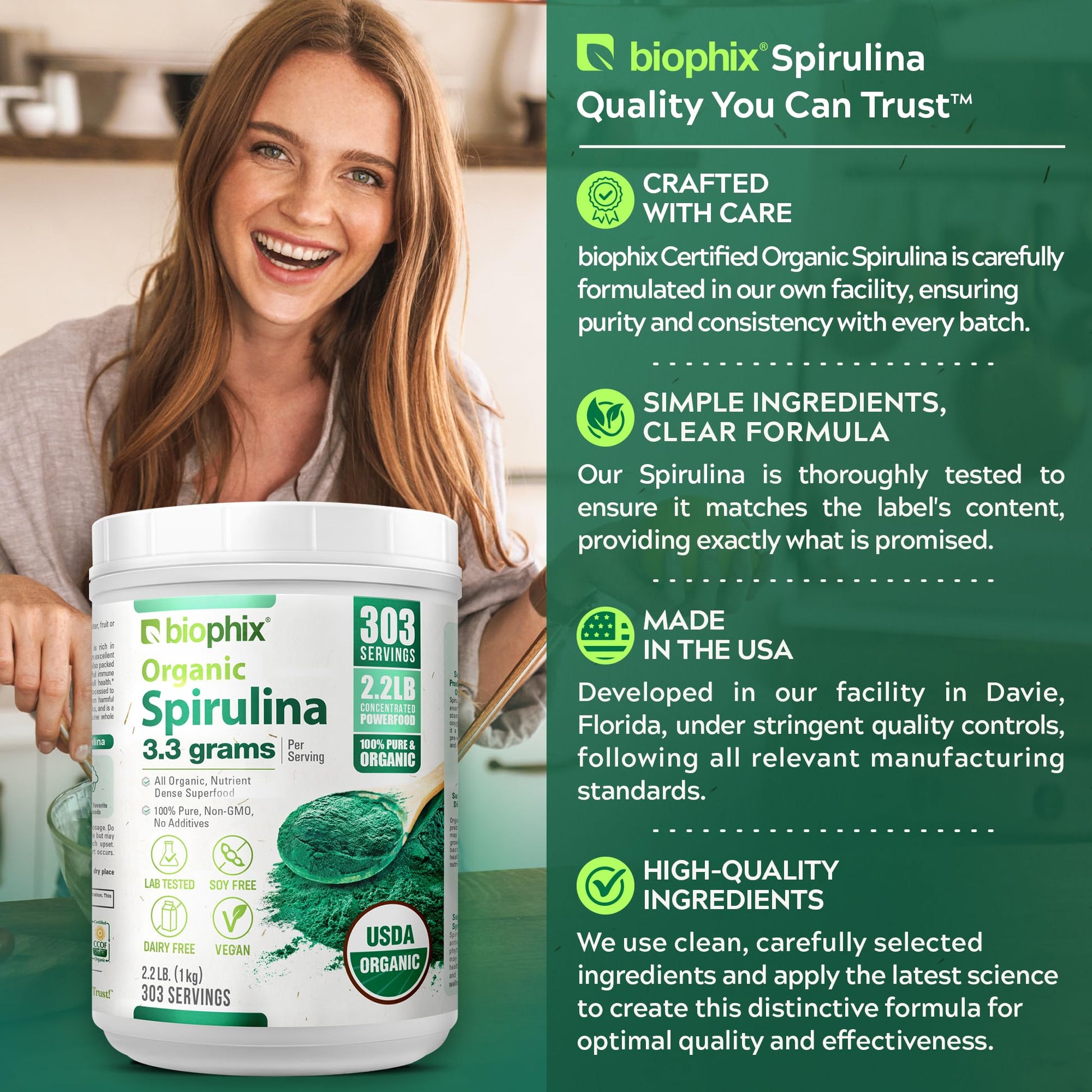 Biophix family size two point two pounds spirulina jar back label guidelines