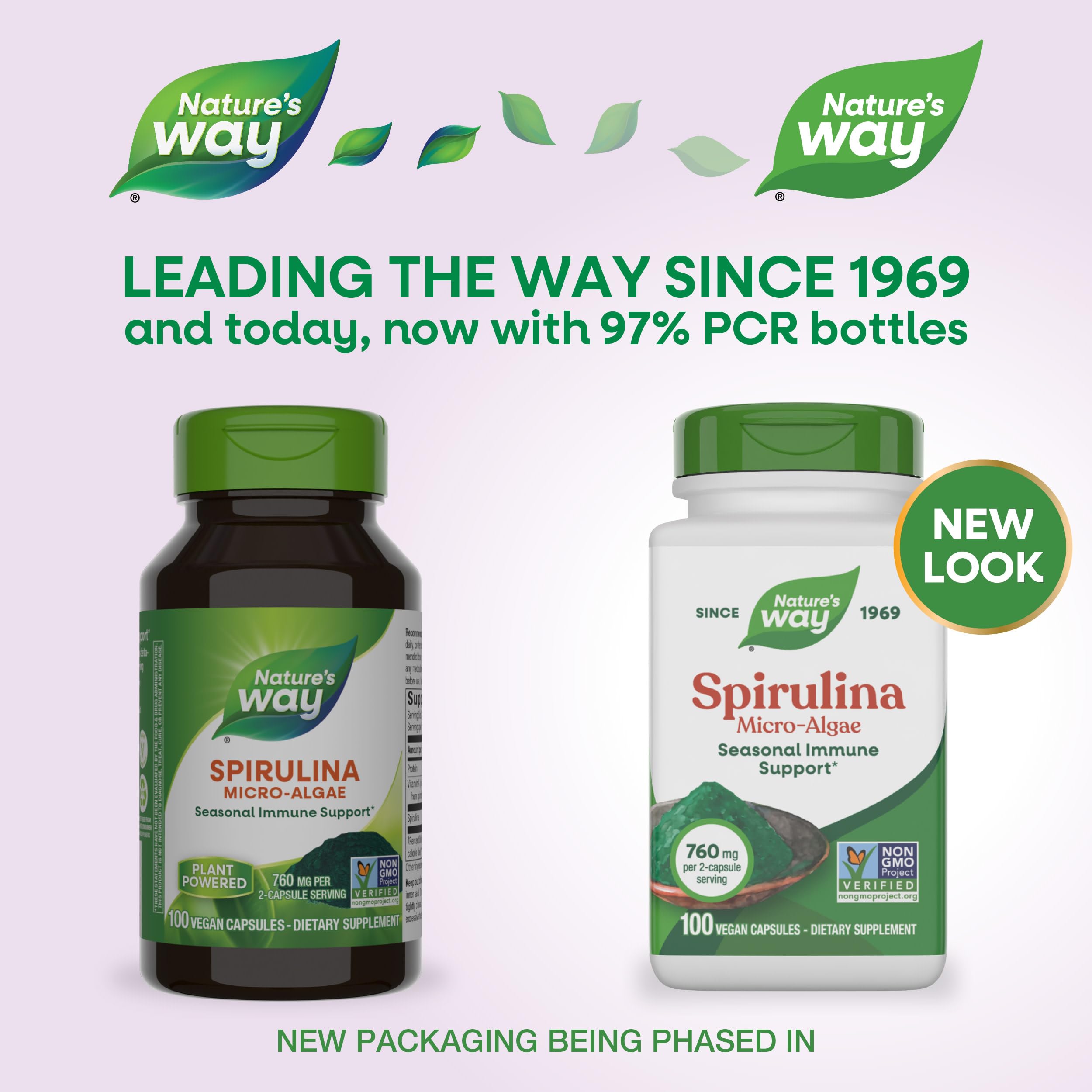 Supplement facts label on the back of Nature's Way Spirulina 760 mg bottle