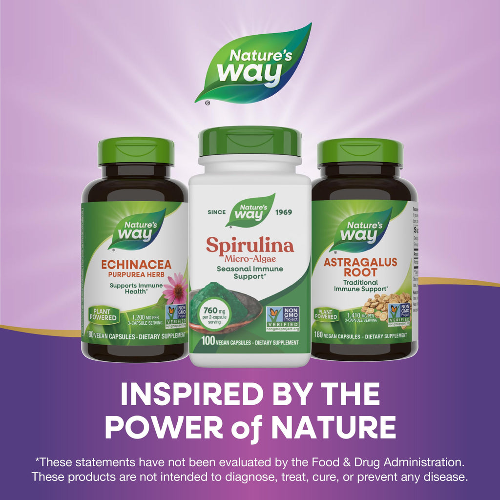 Full product shot of Nature's Way Spirulina 100 capsules showing the authentic retail design