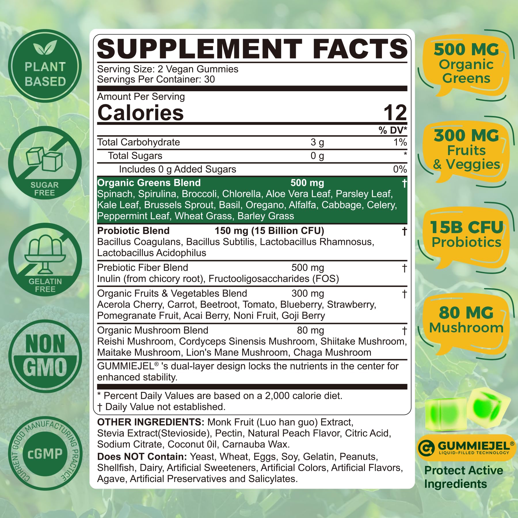 Neviss 38-in-1 super greens gummies featuring probiotics and chlorella ingredients