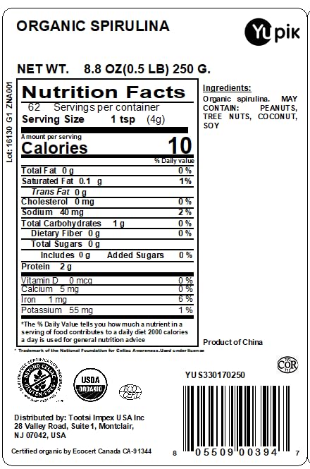 Organic spirulina powder bag displaying USDA organic and gluten free certification labels.