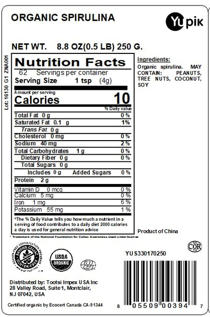 Organic spirulina powder bag displaying USDA organic and gluten free certification labels.