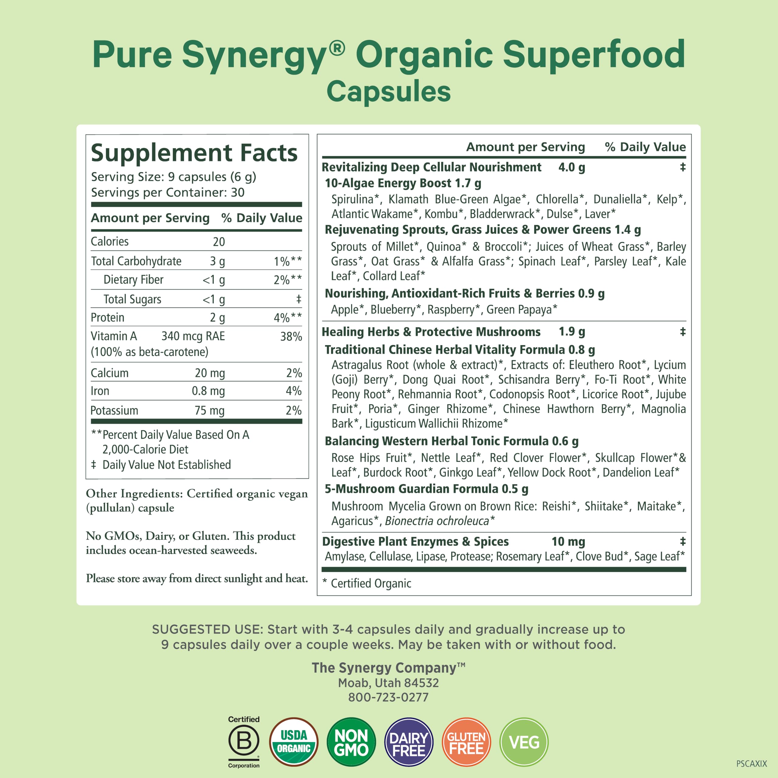 Pure Synergy Superfood Capsules supplement facts panel detailing sixty plus organic green ingredients