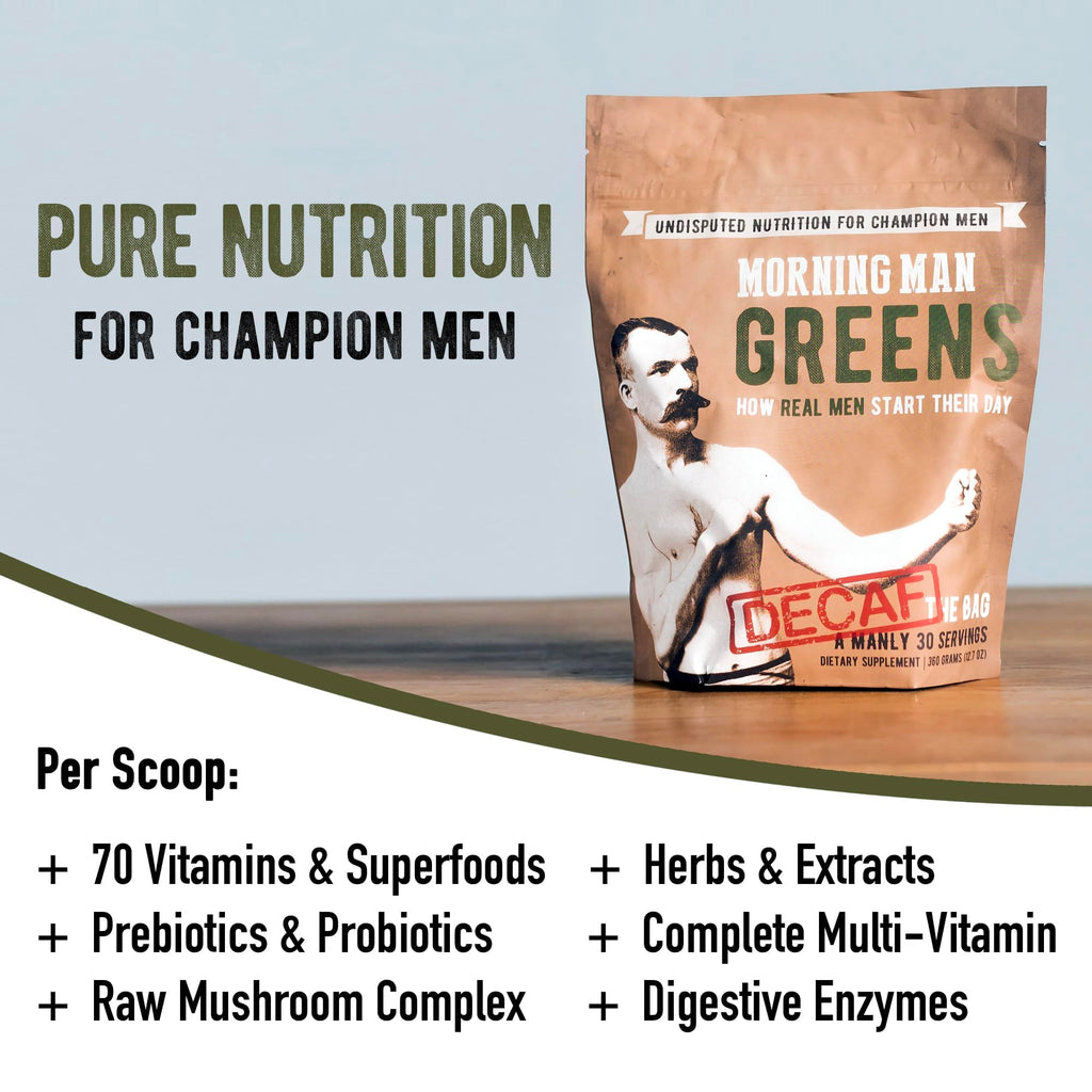 Morning Man Greens powder container showcasing the 30 servings indicator and clean energy benefits.