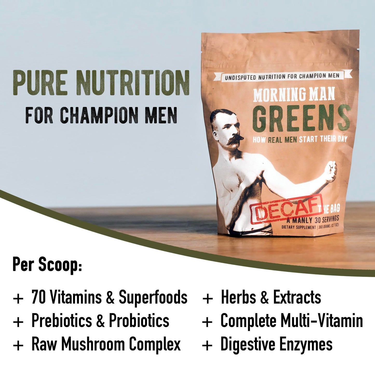 Morning Man Greens powder container showcasing the 30 servings indicator and clean energy benefits.