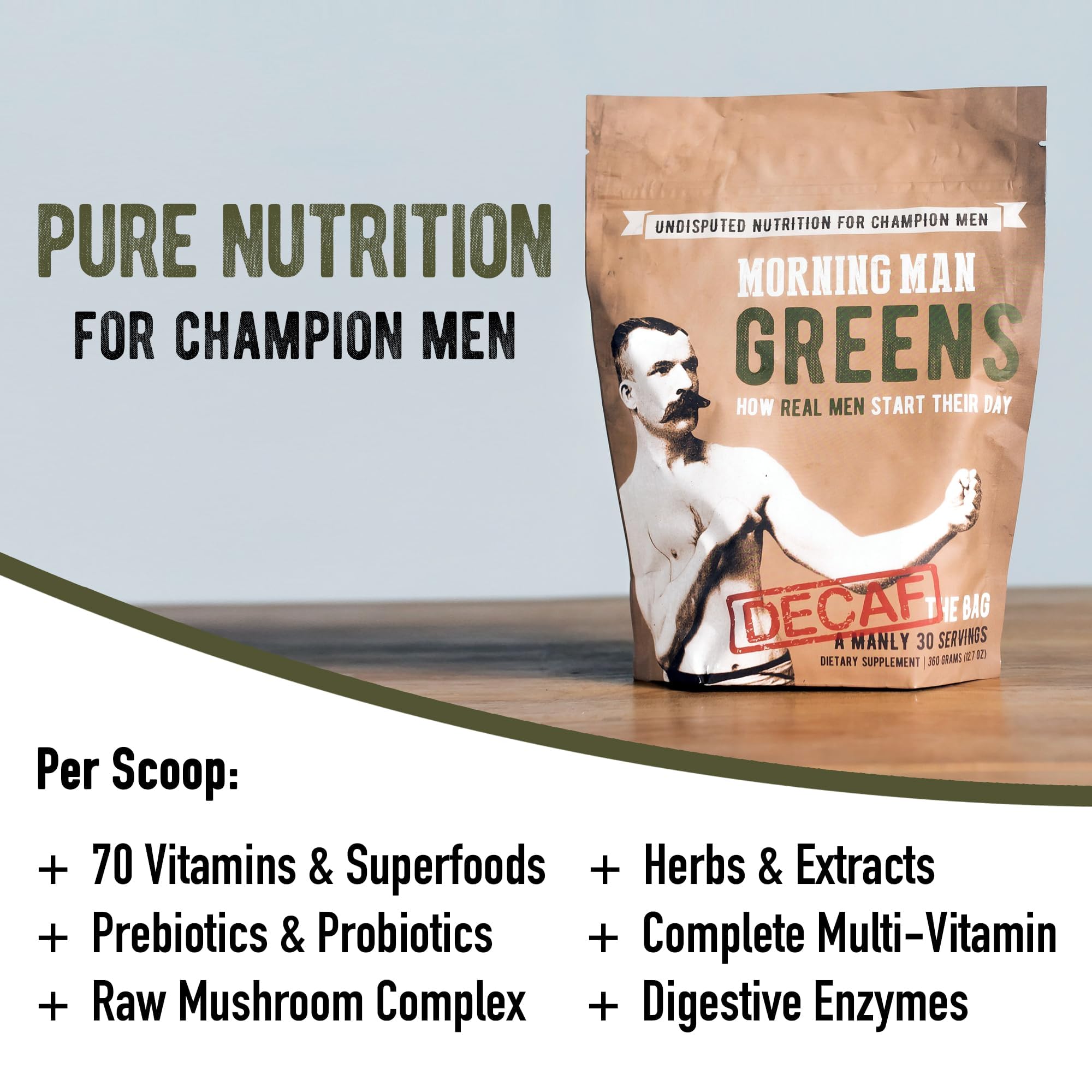 Morning Man Greens powder container showcasing the 30 servings indicator and clean energy benefits.
