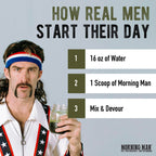 Nutritional label of Morning Man superfood blend highlighting 95mg caffeine and 75 plus vitamins.