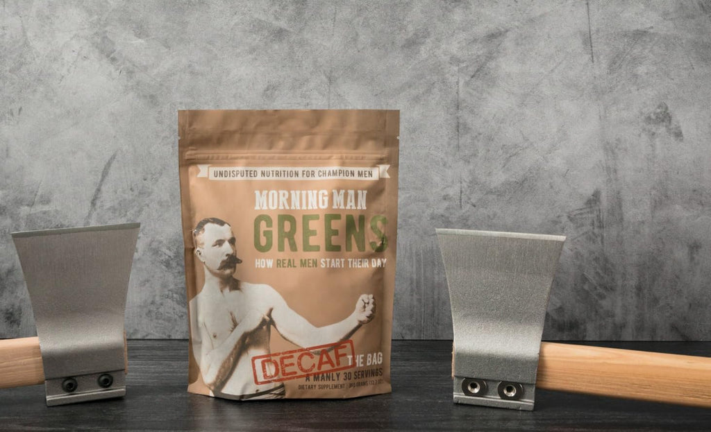 Supplement scoop alongside Morning Man Greens powder texture demonstrating easy mixing.