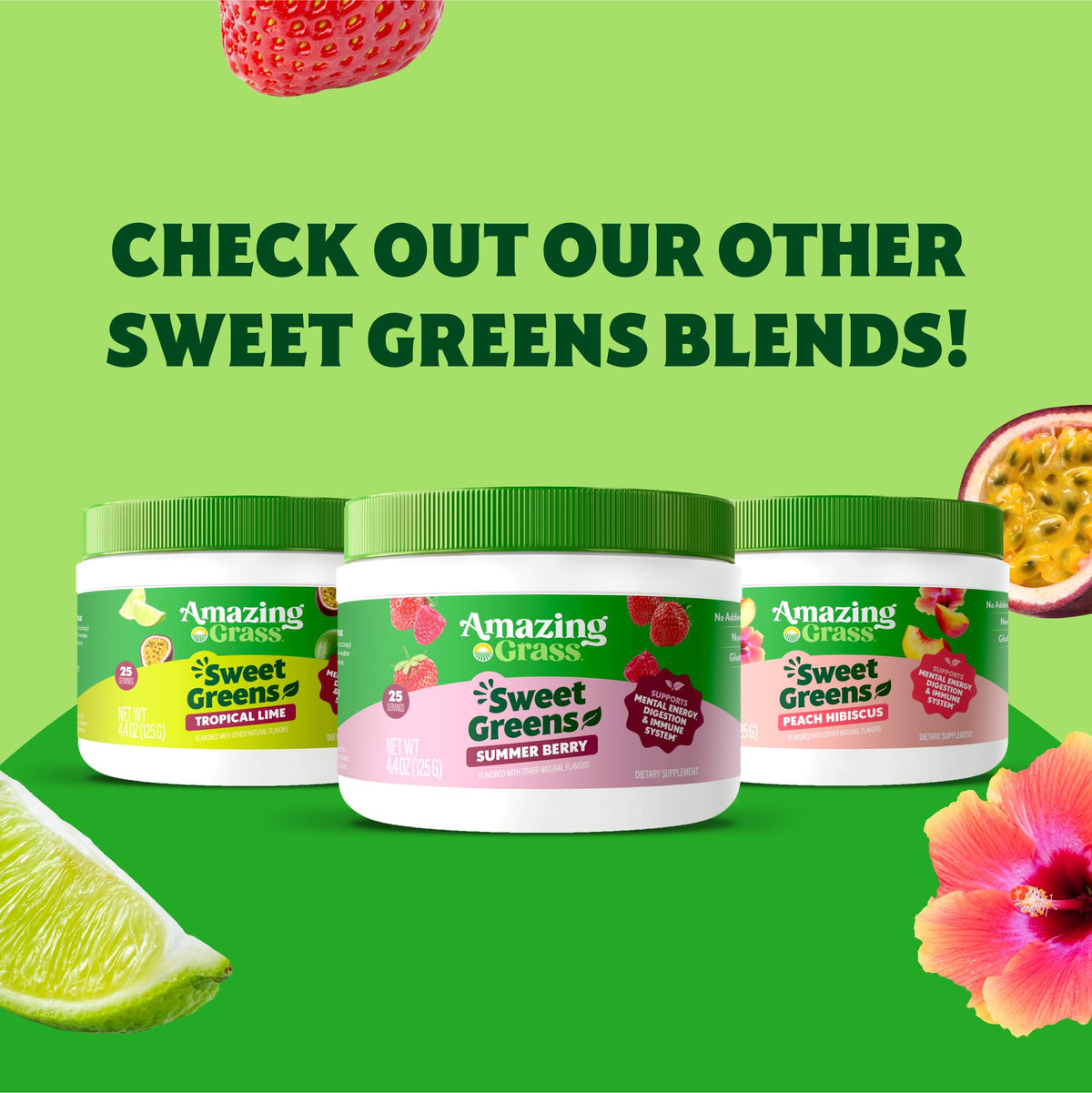 Amazing Grass Sweet Greens product container alongside fresh strawberries and raspberries.