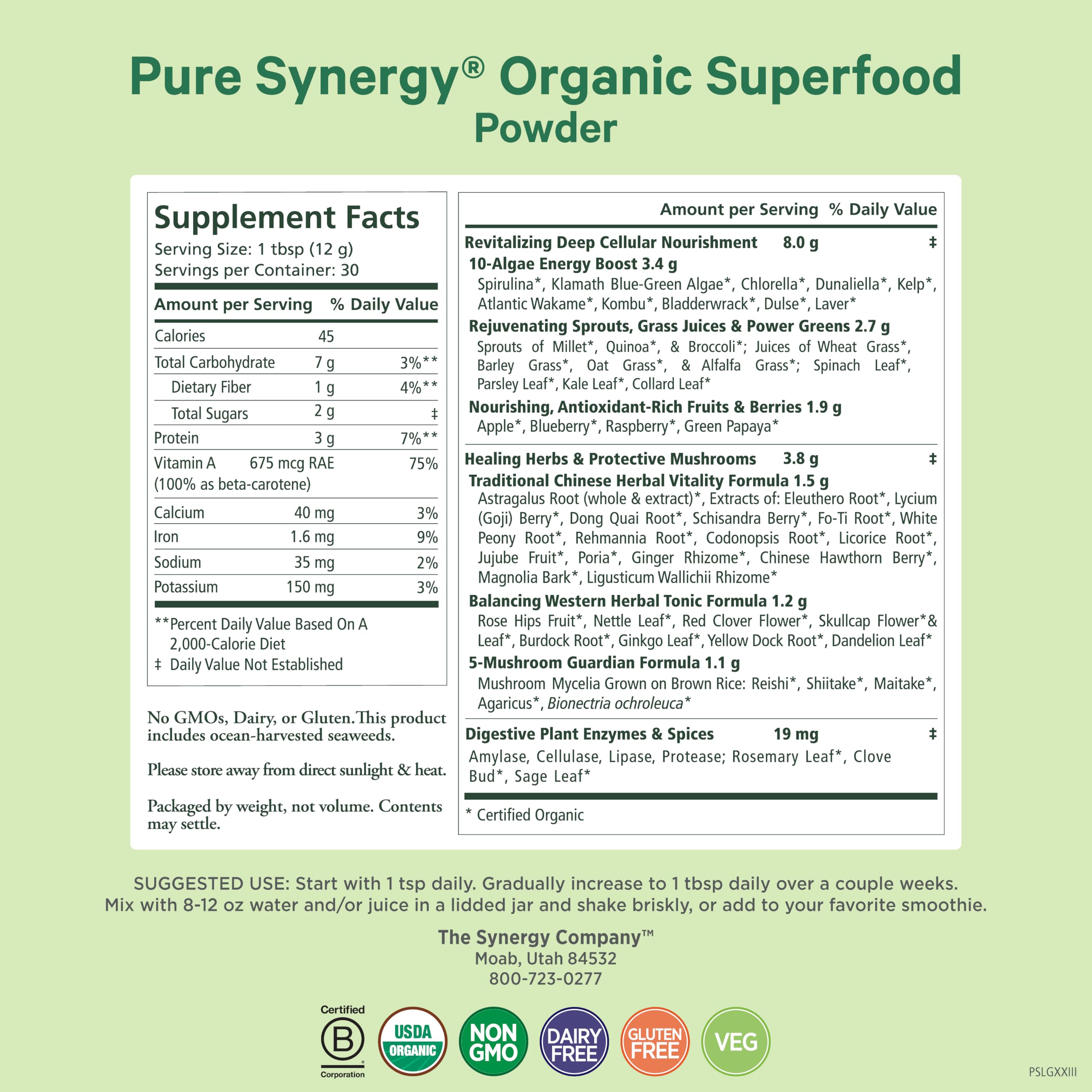 Pure Synergy Organic Superfood Powder close up of nutritional facts and certified organic symbols