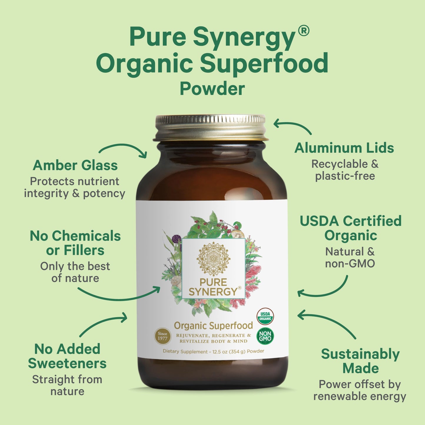The Synergy Company green superfood powder 12.5 ounce dietary supplement bottle