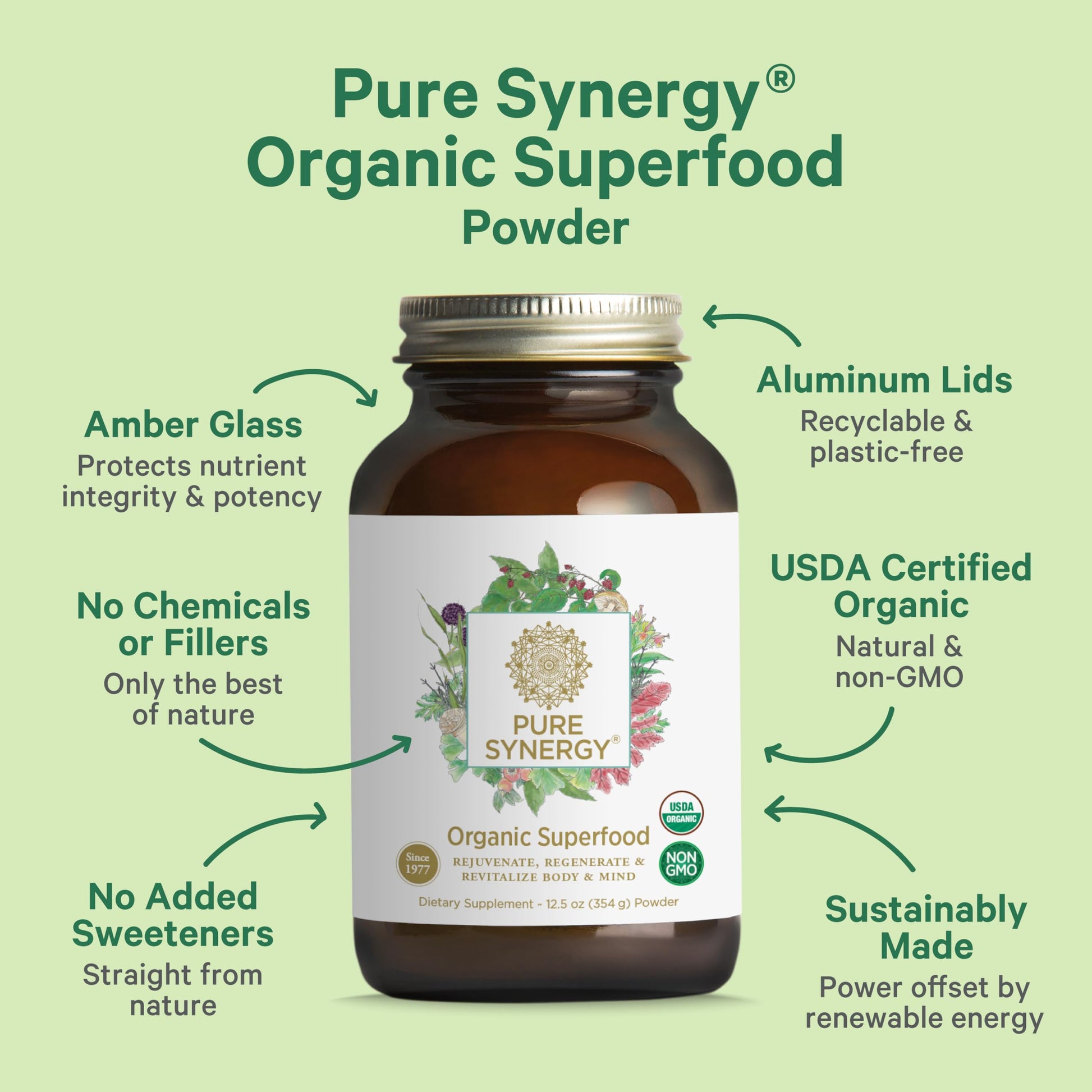 The Synergy Company green superfood powder 12.5 ounce dietary supplement bottle