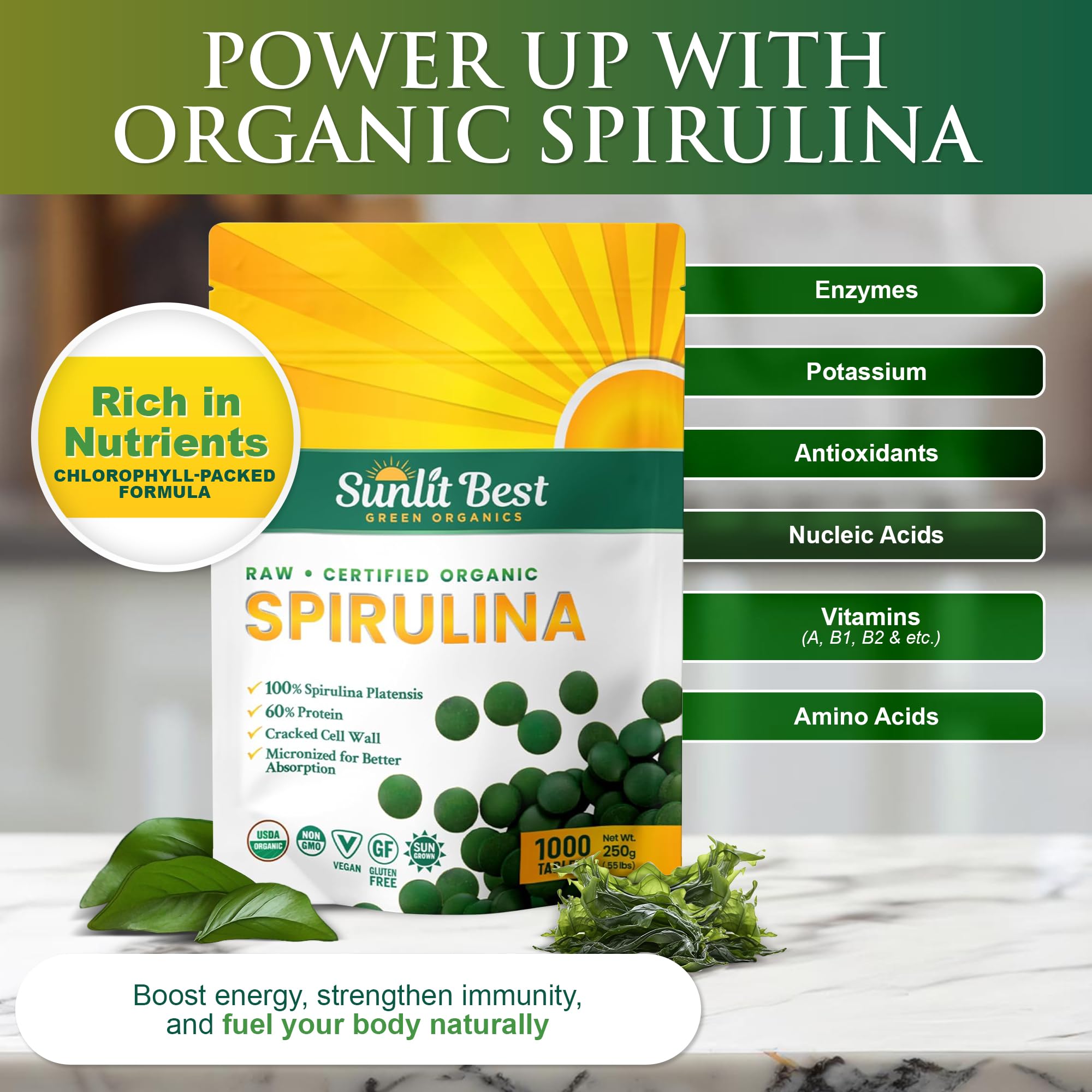 Sunlit Best Green Organics Spirulina container demonstrating the premium blue-green algae supplement.