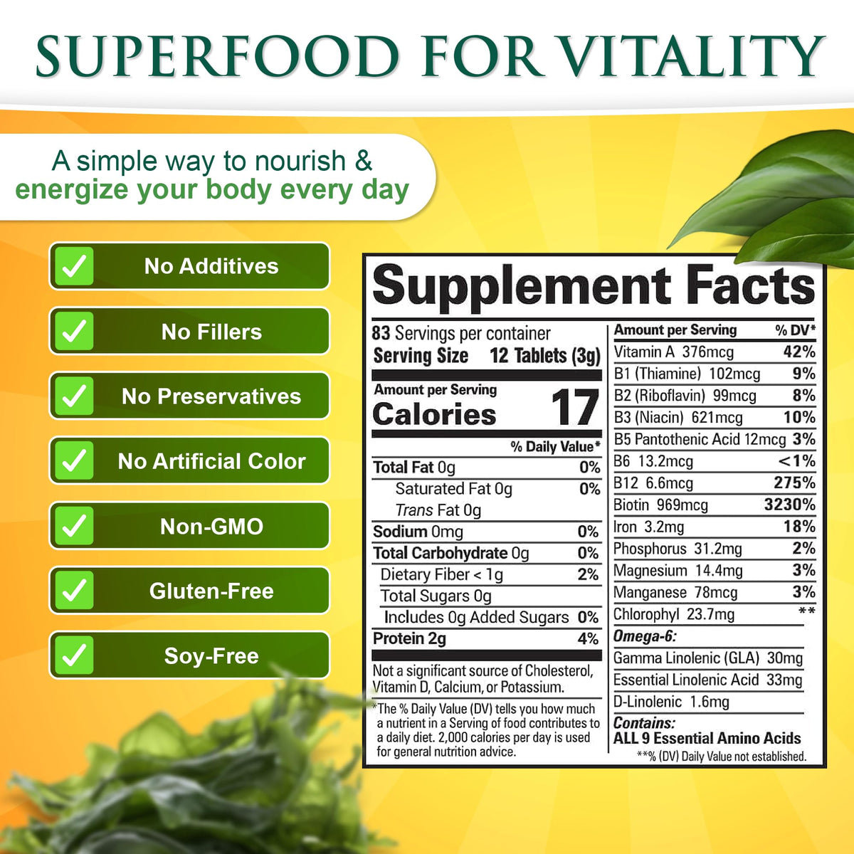 Nutritional facts label on the back of Sunlit Best Green Organics Spirulina bottle.