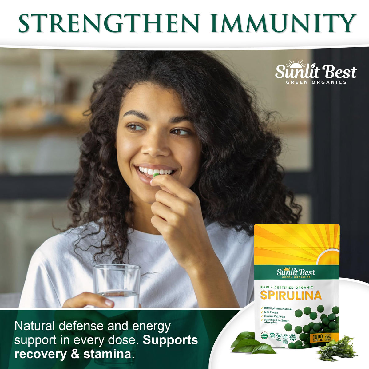 Close up view of the cracked cell wall green spirulina tablets for high absorption.