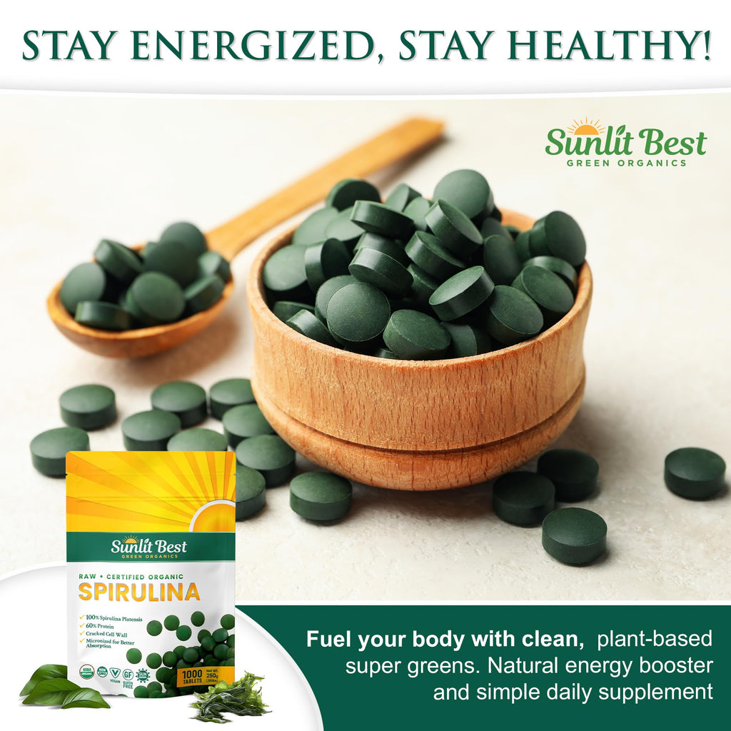 Vegan and gluten free certified seals on the Sunlit Best Spirulina supplement packaging.