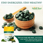 Vegan and gluten free certified seals on the Sunlit Best Spirulina supplement packaging.