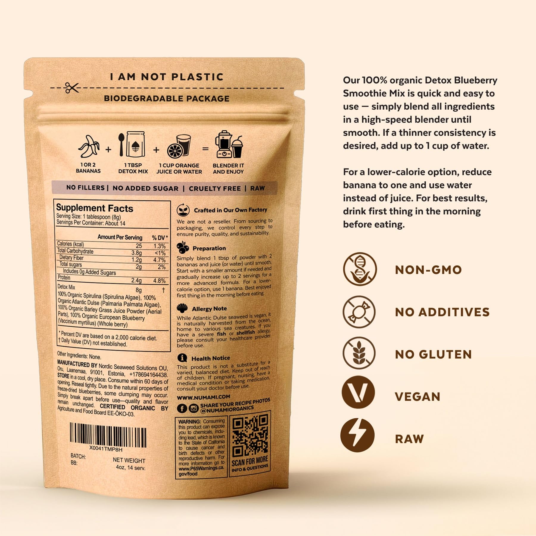 Numami heavy metal detox powder showing organic spirulina and dulse blend