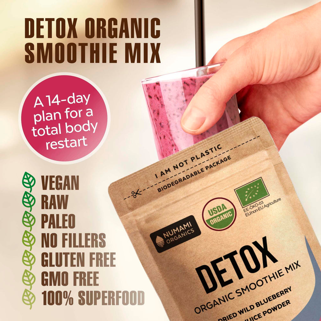 Premium blueberry superfood smoothie powder ingredients layout