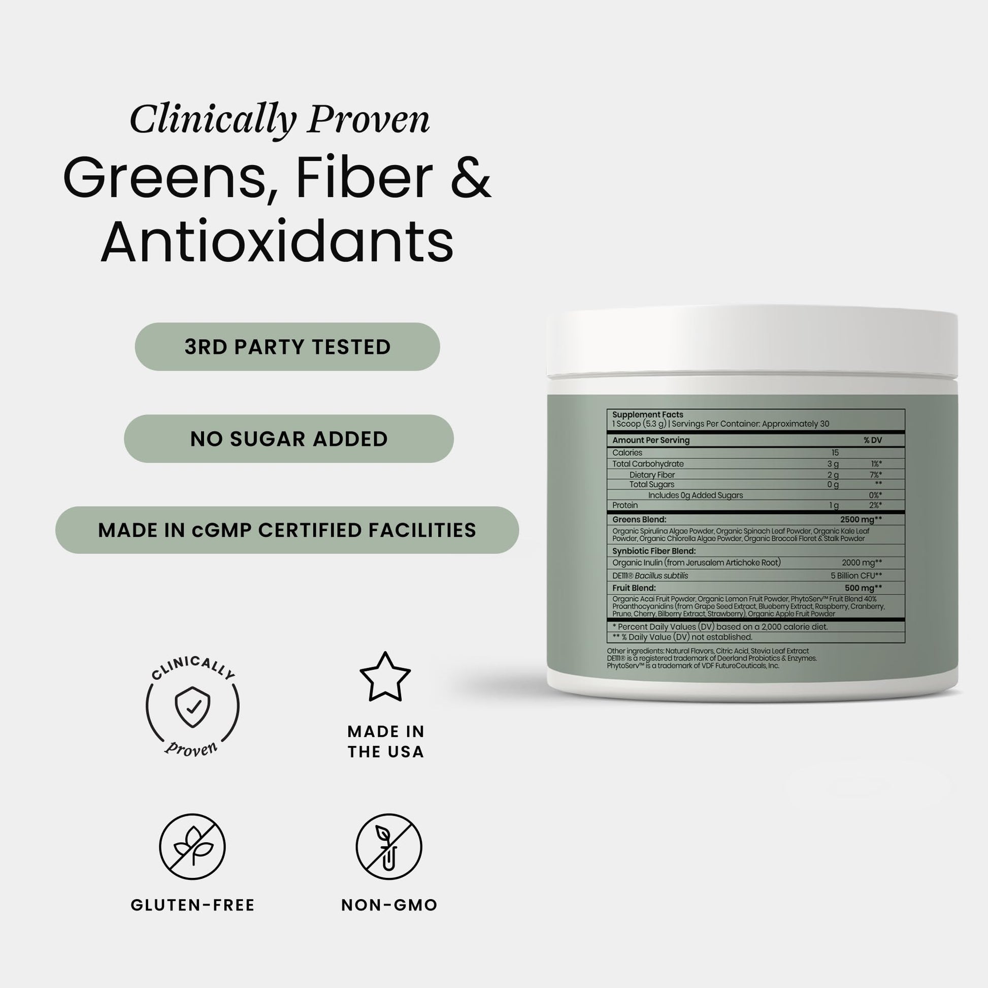 Perelel Superfood Blend dietary supplement tub displaying the organic ingredients list and nutritional profile
