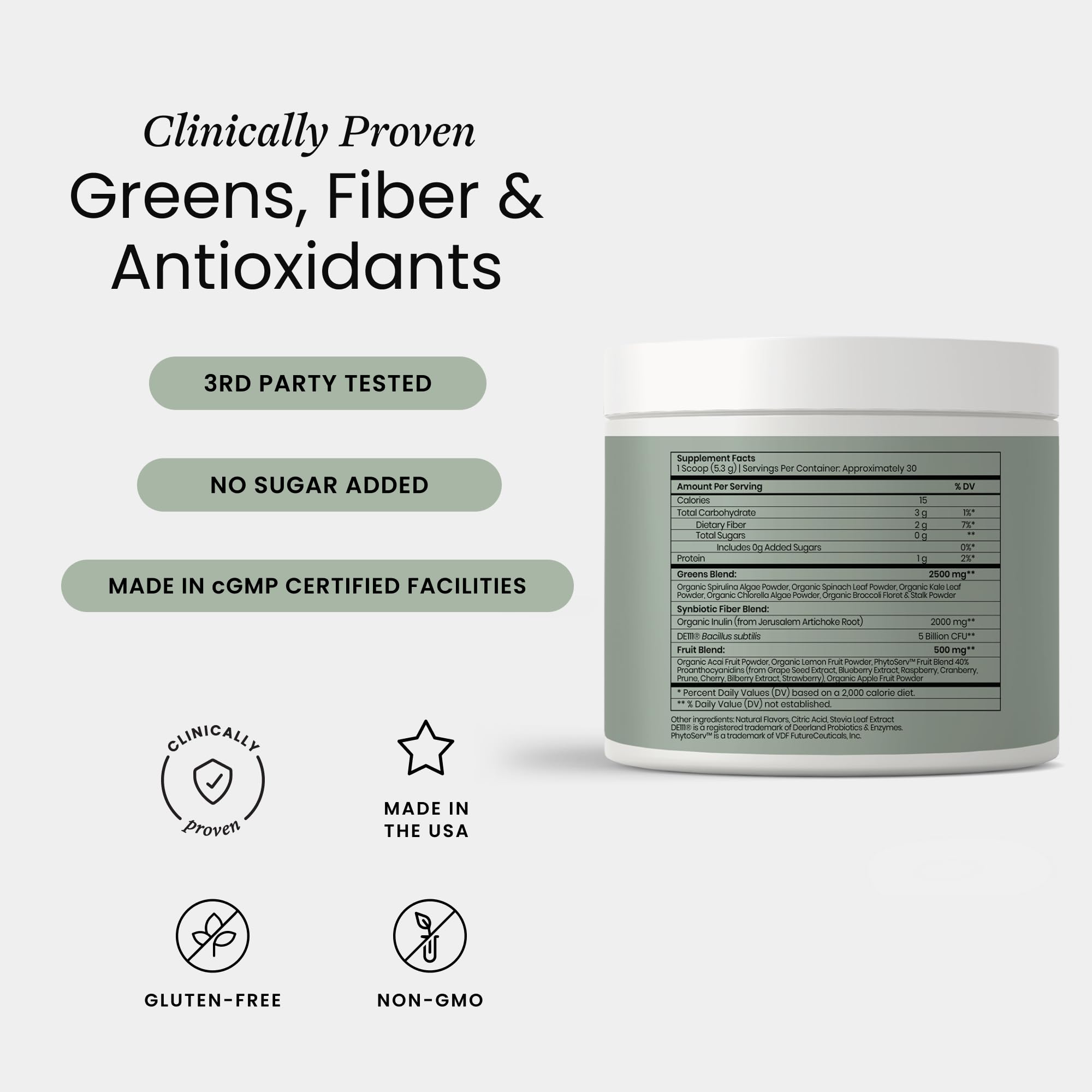 Perelel Superfood Blend dietary supplement tub displaying the organic ingredients list and nutritional profile