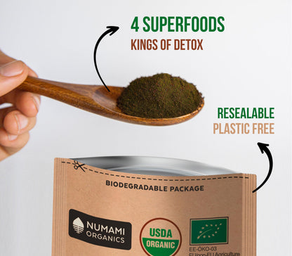 Sustainably packaged detox powder with freeze dried blueberry antioxidant blend
