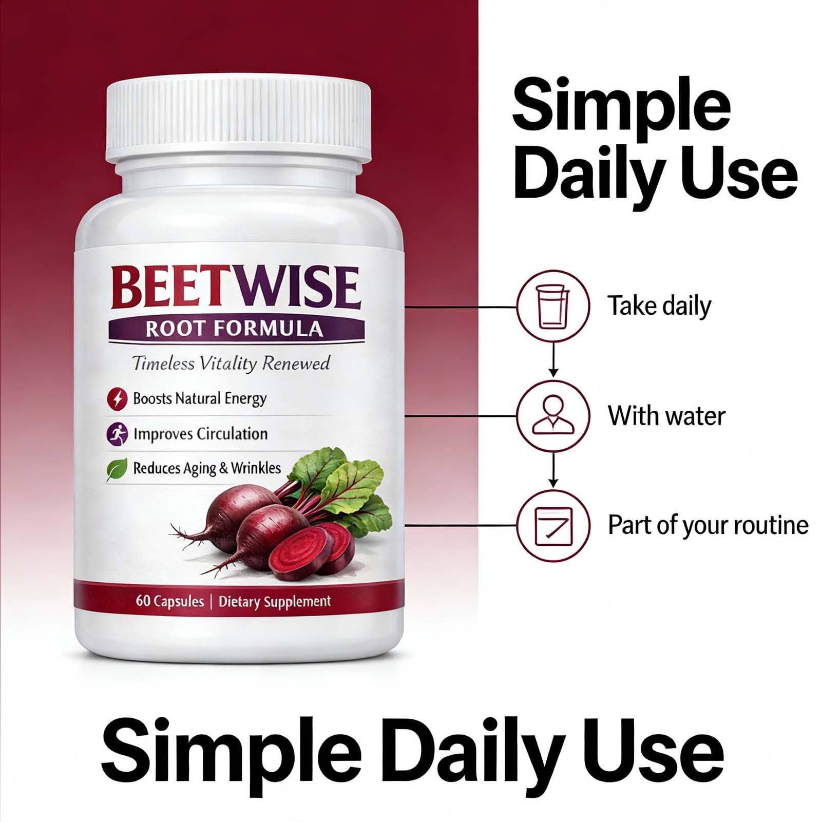 Vegan friendly non GMO organic beetroot extract 60 capsules bottle.