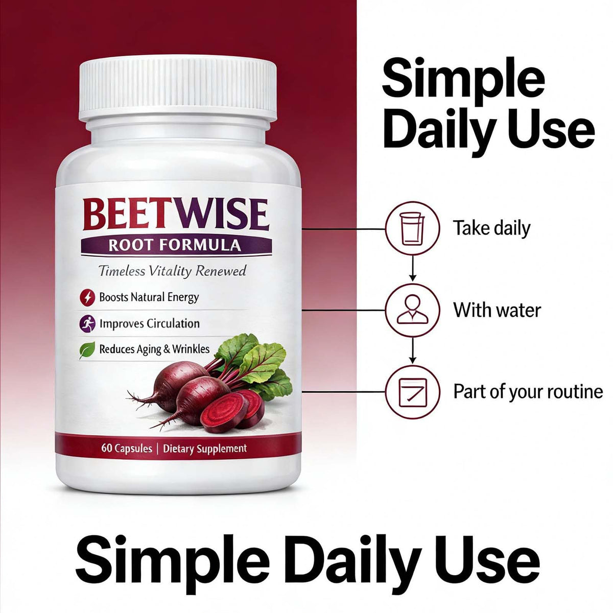 Vegan friendly non GMO organic beetroot extract 60 capsules bottle.