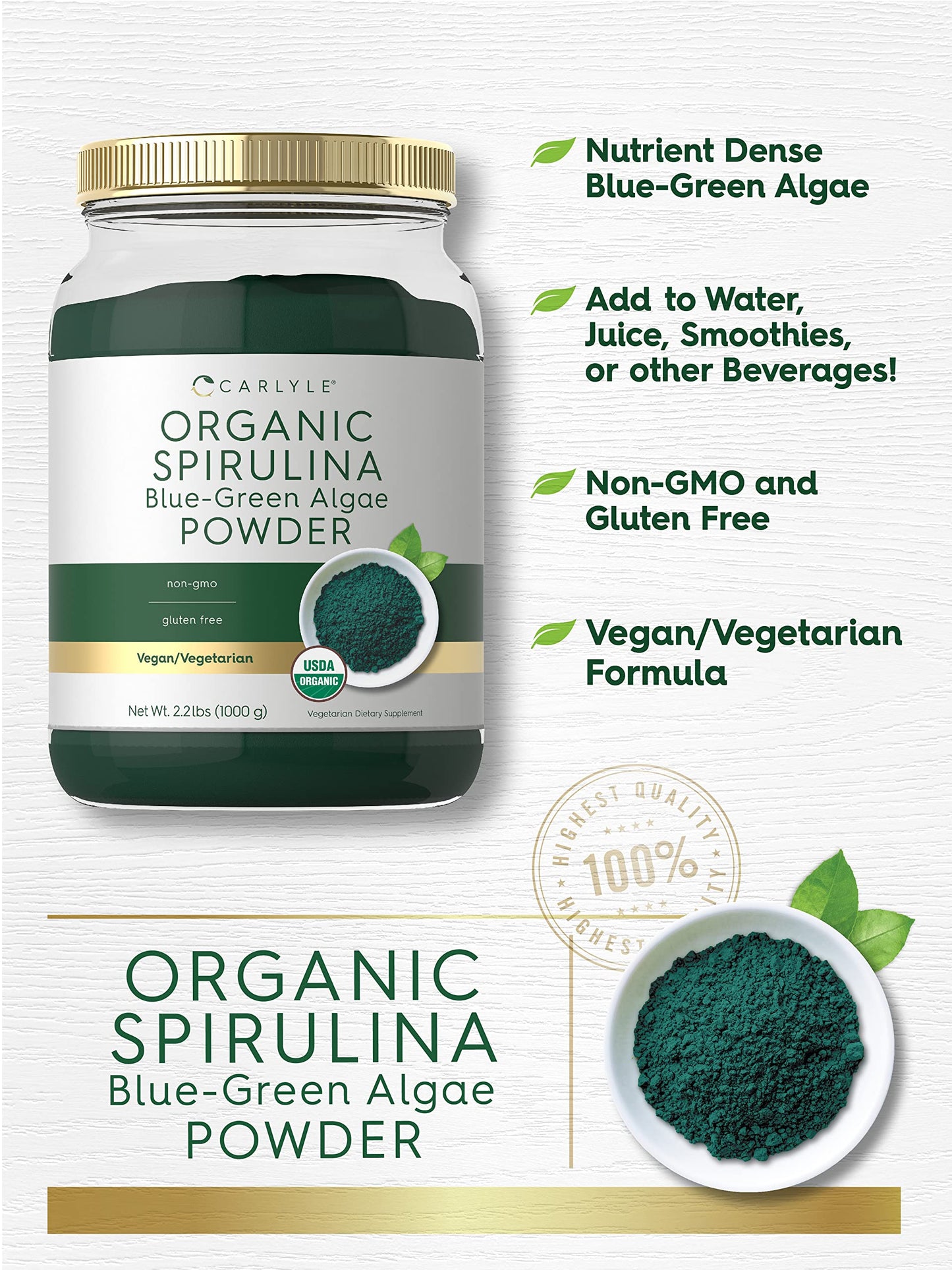 Organic spirulina powder supplement 2.2 pounds tub