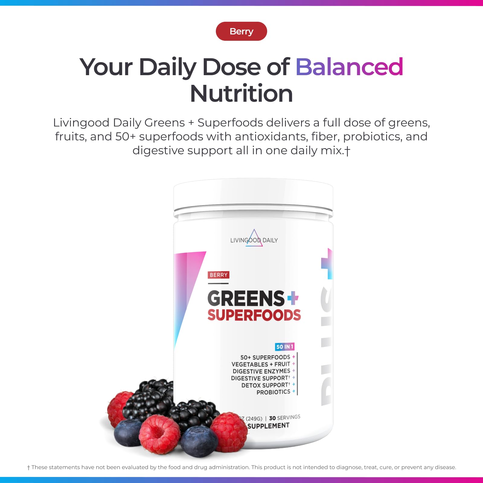 Livingood Daily Berry Greens supplement nutrition facts and fifty-in-one ingredient blend label.