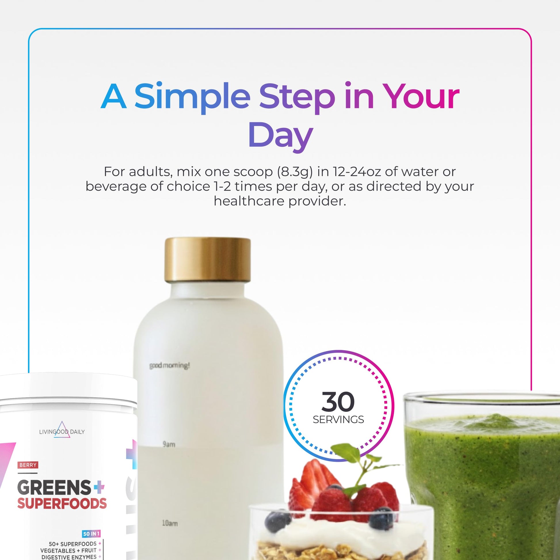 Vegan keto and paleo friendly certifications on the Livingood Daily superfoods packaging.