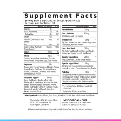 Authentic imported Livingood Daily Greens powder showing premium dietary supplement seal.
