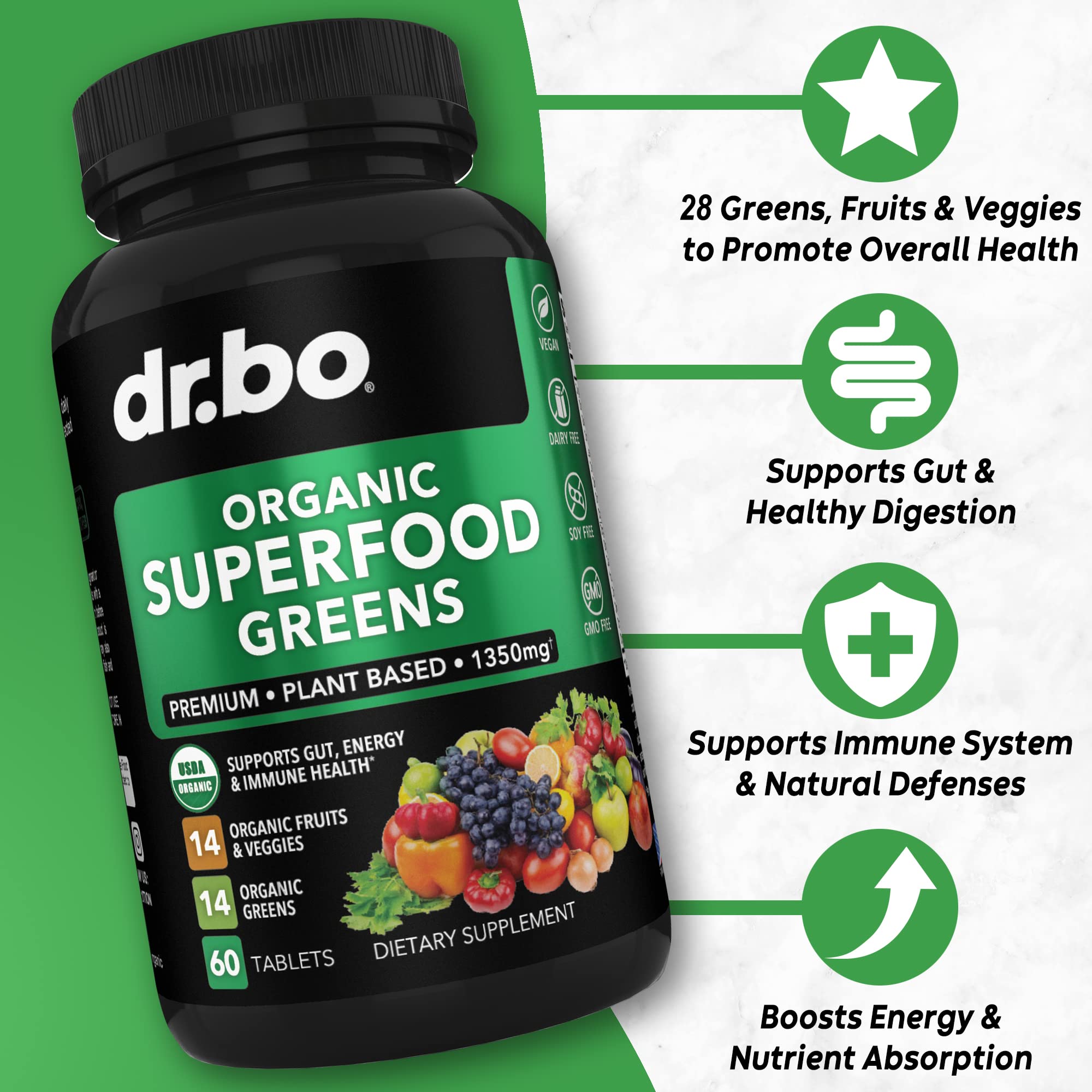 Dr. Bo plant based greens and fruit tablets for natural energy boost