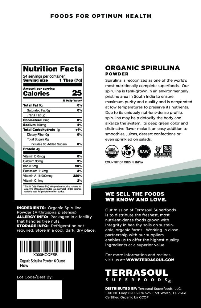 Terrasoul Superfoods Organic Spirulina Powder nutrition label details and USDA certification seal