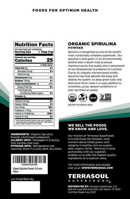 Terrasoul Superfoods Organic Spirulina Powder nutrition label details and USDA certification seal